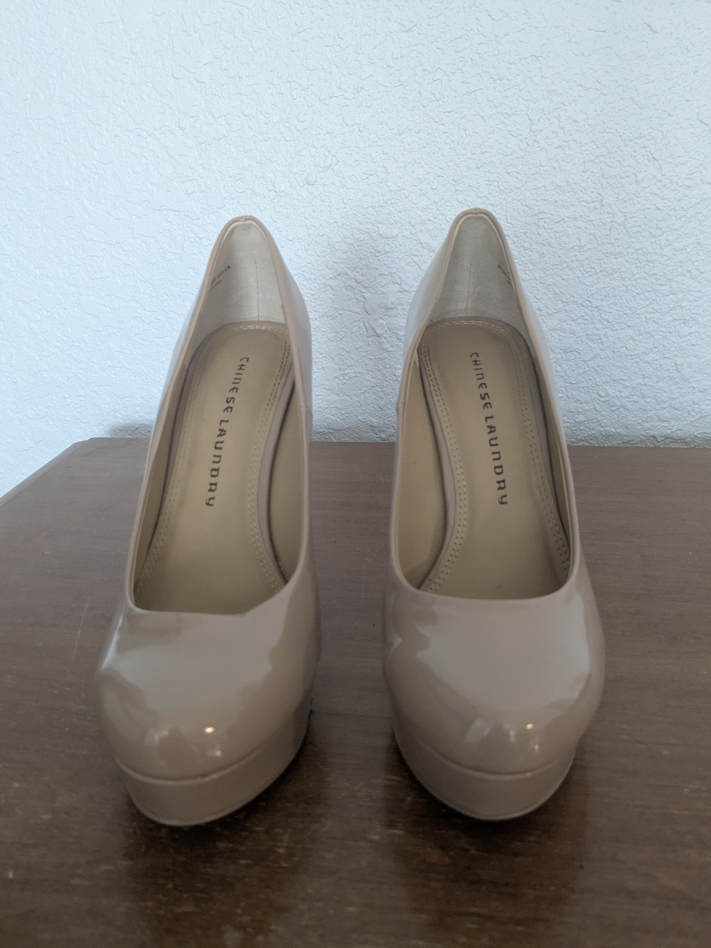 Chinese Laundry Beige Patent Platform Pumps